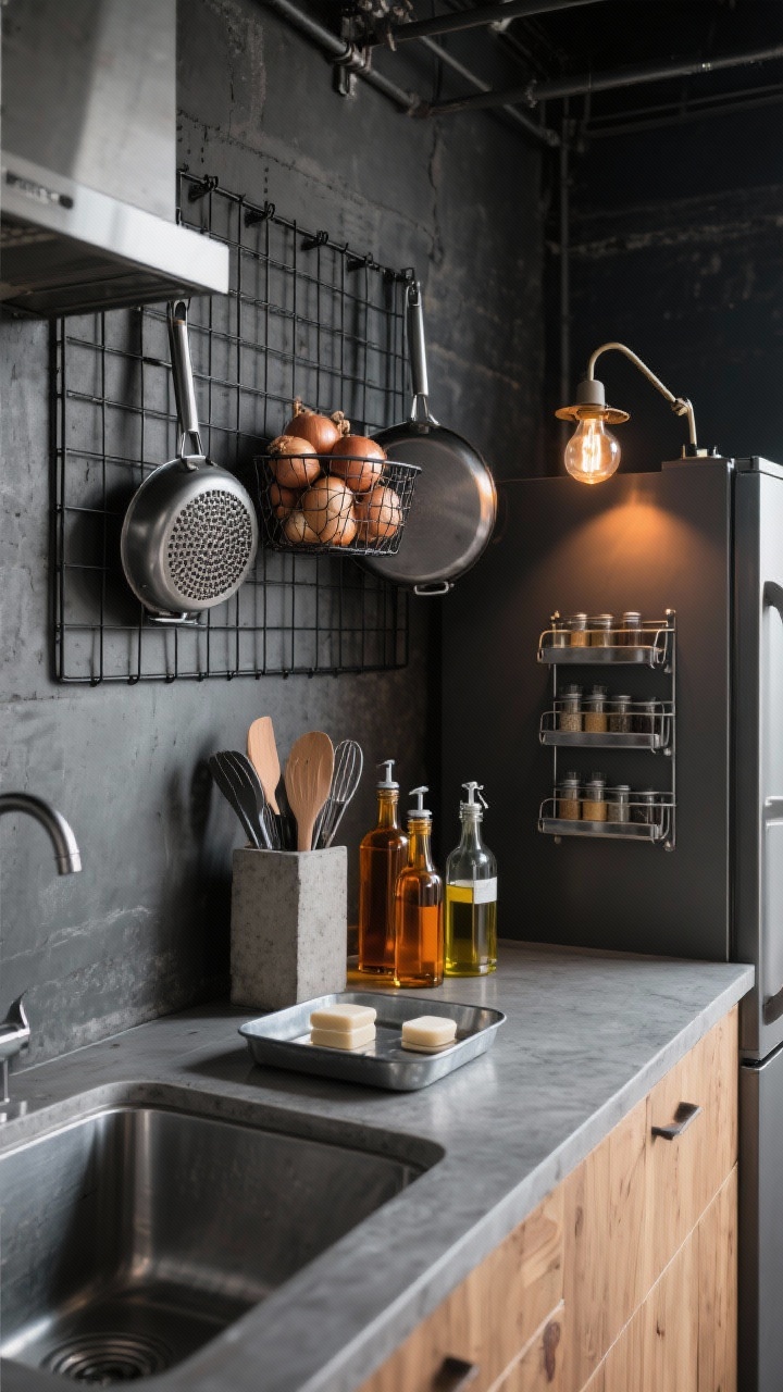 Photorealistic corner wide shot of an industrial loft kitchen wall: black wire grid panel mounted with hanging pans and strainers, mesh basket filled with onions; concrete-look utensil holder on the counter next to a galvanized tray corralling oils and condiments; amber glass bottles for soap and dish liquid by the sink; steel magnetic spice rack on the fridge; moody, directional lighting with Edison-style clip-on task lights; palette of charcoal, steel, warm amber, raw wood.