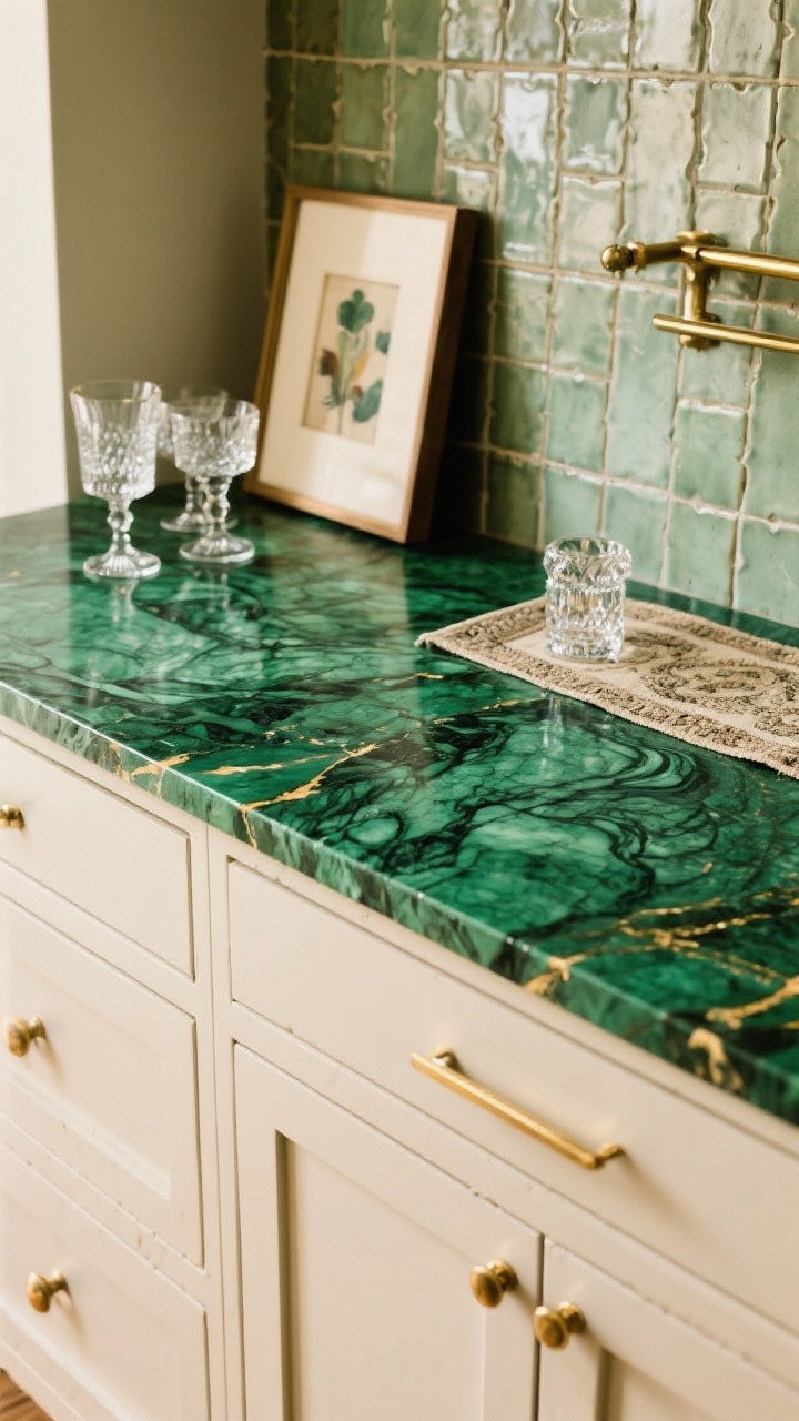 Photorealistic detail closeup: emerald green quartzite (or lookalike) countertop with dramatic swirling tones and thin brass gallery rails along the edge; cream cabinetry below; hand-pressed tile backsplash with subtle variation in the background; art leaning on the counter near sparkling crystal glassware; vintage runner edge visible; luxurious, collected mood.