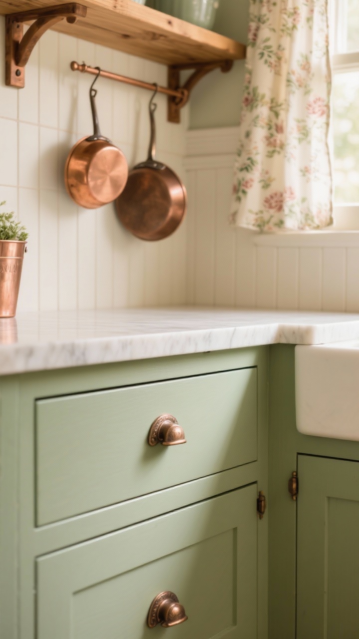 Photorealistic detail closeup: muted sage green cabinet drawer with antique copper bin pulls, buttercream quartz countertop edge glowing under warm light; background hints of cream beadboard backsplash sealed for durability; stained pine open shelf with copper brackets above; soft floral cafe curtain diffusing sunlight; hanging copper pans on a peg rail slightly out of focus; soft, cottage-romance mood.