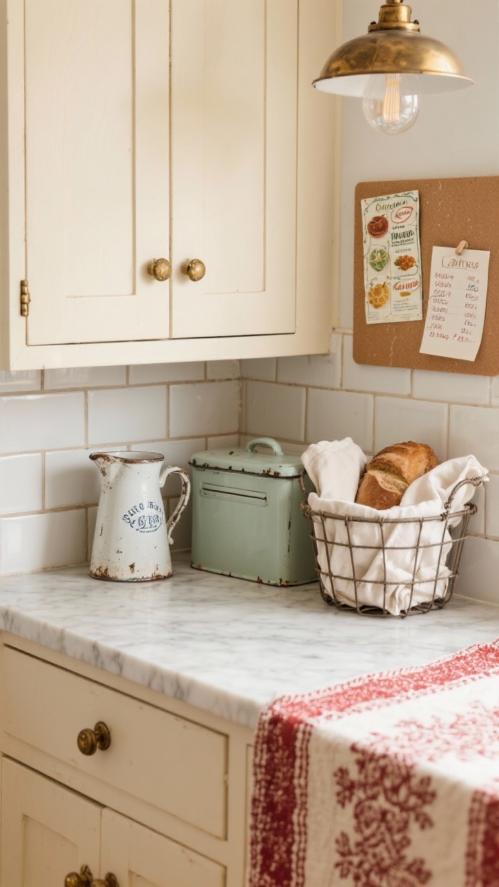 Photorealistic detail closeup of a collected vignette: soft mushroom cabinet face with aged brass cup pull; buttercream quartz countertop holding thrifted ironstone pitchers, enamel bread box, and a wire basket of folded linen napkins; crackle-finish subway tile backsplash behind; small pinboard pinned with recipes and market lists; antiqued brass schoolhouse pendant glow reflected softly; edge of a red-and-cream vintage runner visible below.