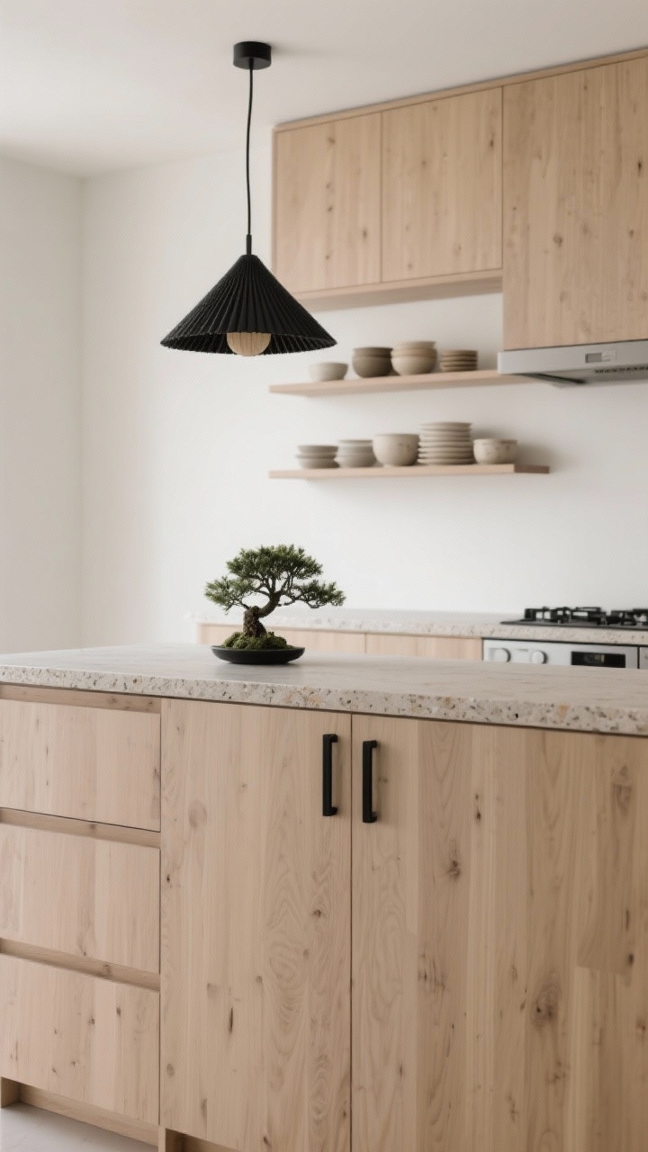 Photorealistic detail/closeup of Japandi cabinetry: slab-front light ash wood doors with discreet matte black finger pulls, flush toe-kicks, and micro-edge stone countertop; open shelves replacing uppers holding neutral crockery; background hints of integrated appliances; a small black rice paper pendant above and a single bonsai; warm white walls, minimal, serene lighting