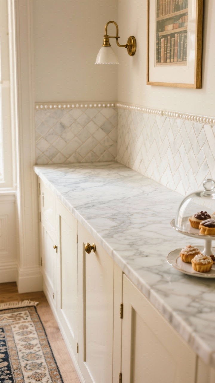 Photorealistic detail closeup: softly veined marble (or marble-look quartz) countertop edge meeting a mini herringbone pearl-tile backsplash; creamy off-white cabinet face with petite antique brass knob in view; a petite brass library sconce above framed art in soft focus; vintage rug pattern peeking at the bottom; a glass cloche covering pastries on the counter; romantic Parisian chic, warm afternoon light.