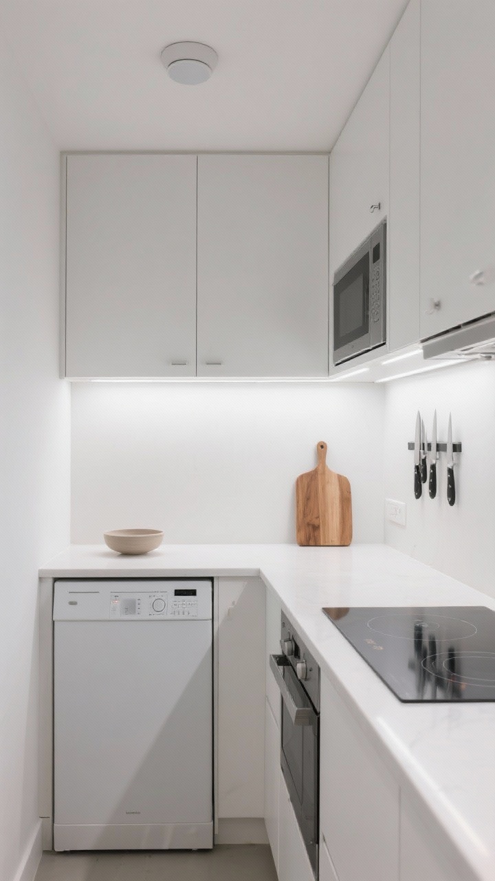 Photorealistic detail/medium shot of a Minimalist Micro-Galley: all-white flat-front cabinets with push latches, slim-profile white porcelain countertop, seamless white slab backsplash; compact appliances including an 18-inch dishwasher, small fridge, and portable induction burner stowed neatly; microwave hidden behind a cabinet door; magnetic knife strip mounted to free counter space; under-cabinet light strips and a tiny white flush-mount ceiling light; single sculptural bowl and one warm wood cutting board as the only decor; narrow, calm composition; straight-on.