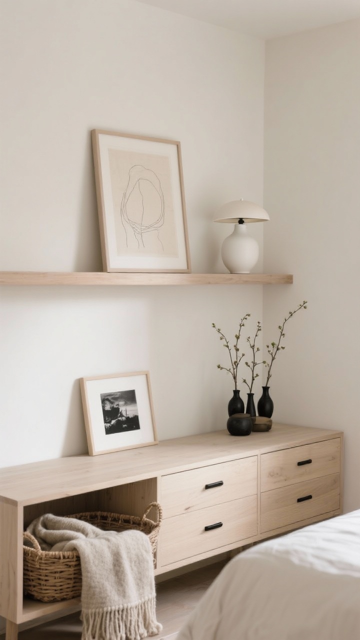 Photorealistic detail/medium shot, serene bedroom niche: a pale ash shelf above a low dresser in tones of bone, sand, and flax with a few matte black accents. On the shelf: unframed linen art leaned casually, a small white ceramic lamp with a curved shade glowing softly, and a cluster of bud vases. Below, a basket holding a folded wool throw; a single black-and-white photo adds contrast. Quiet textures, soft morning light.