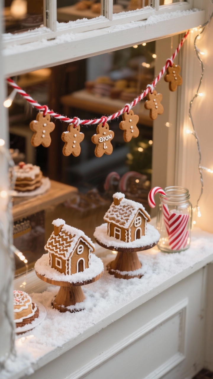 Photorealistic detail shot of a Gingerbread Bakery Window: overhead angle on the sill showing gingerbread houses on wooden cake stands dusted with powdered sugar “snow”; red-and-white baker’s twine suspending a gingerbread cookie garland across the top edge of frame; glass jar of striped candy canes; warm white fairy lights weaving through for bakery glow; cozy, confectionery textures.