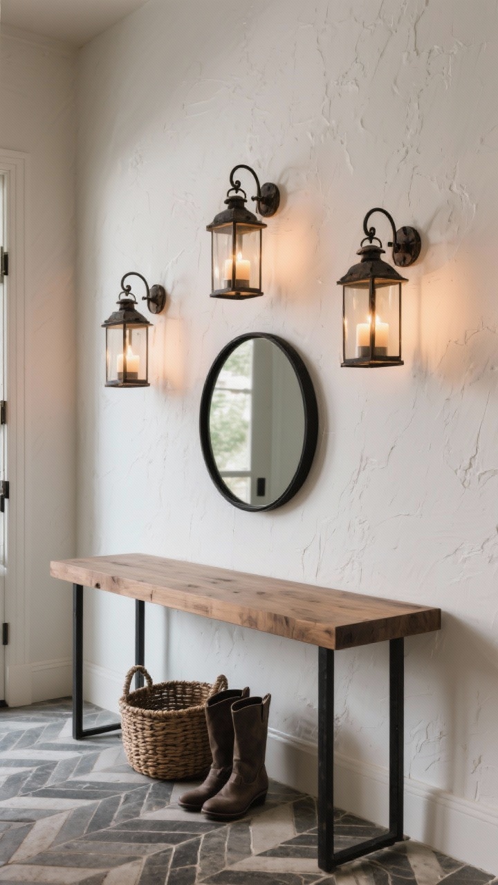 Photorealistic detail shot of entry wall: trio of forged iron lantern sconces on a smooth white plaster wall, light spilling softly like candlelight; below them a clean-lined console in textured oak; round black-framed mirror above, woven basket for boots on salt-and-pepper stone tile laid in herringbone; closeup emphasizing the interplay of iron, plaster texture, and stone pattern; moody warm glow.