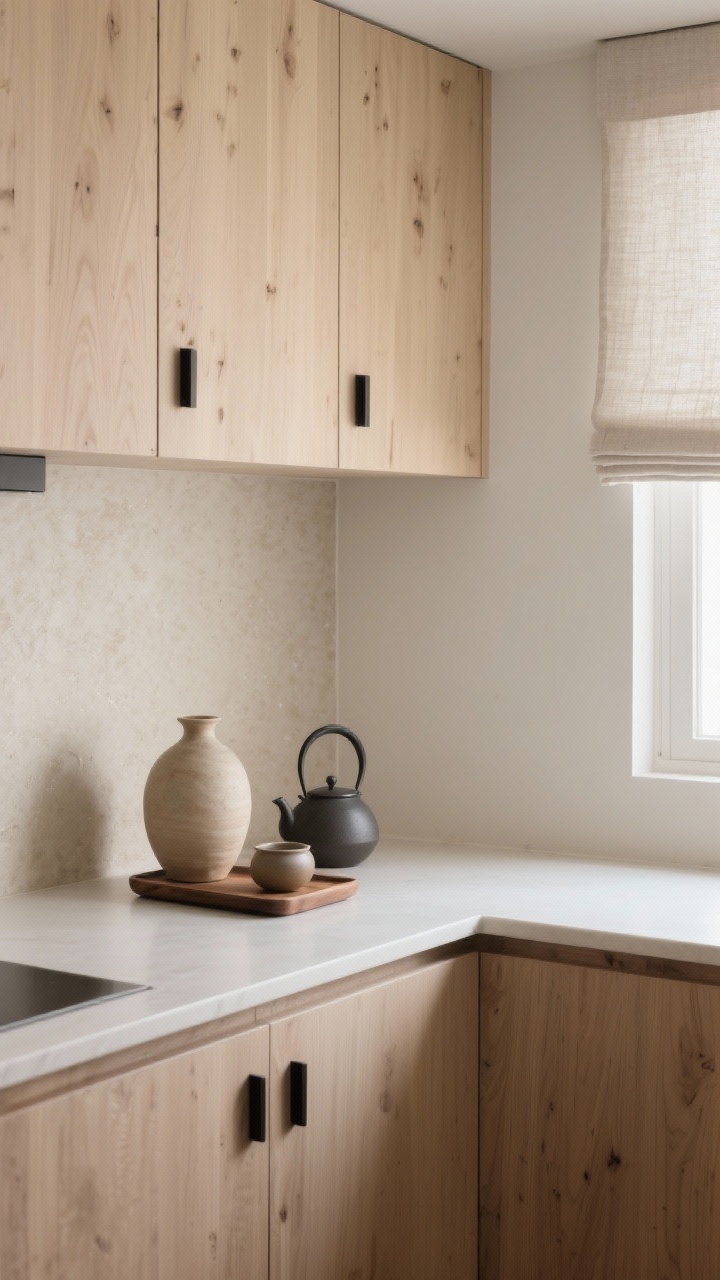 Photorealistic detail shot of Japandi Calm and Collected: closeup of light ash cabinet fronts with matte black hardware beside a beige microcement-look backsplash; uncluttered porcelain countertop with a single ceramic vase, wooden tea tray, and sculptural kettle arranged with negative space; soft filtered daylight through linen roman shades; textures of linen, ceramics, and light-grain wood highlighted; serene, minimal mood; tight framing.