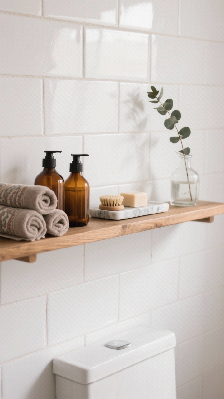 Photorealistic detail shot, straight-on bathroom ledge: a slim oak shelf above white subway tile in a minimal rustic spa look. Styled with amber glass bottles for soap and lotion, a stack of rolled Turkish towels, a small marble tray holding a natural bristle brush and a soap cube, and a single eucalyptus branch in a clear bud vase. Soft whites, stone, wood; crisp, clean daylight.
