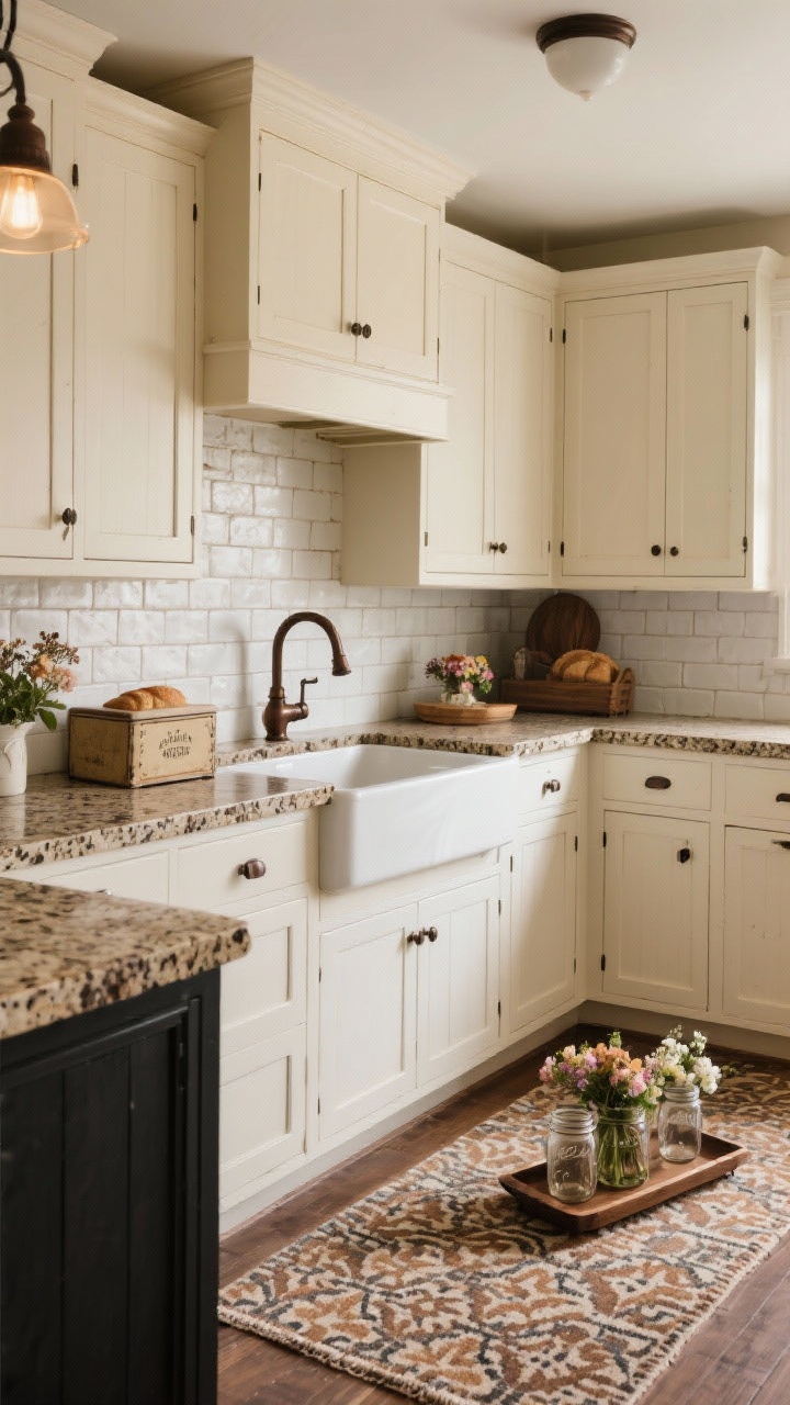 Photorealistic farmhouse wide shot: speckled mid-tone granite countertop with warm browns and blacks; cream shaker cabinets; soft white brick-style backsplash; oil-rubbed bronze hardware; classic bridge faucet; vintage bread box on the counter; patterned rug on the floor; wooden tray with mason jars of blooms; cozy, timeless lighting.