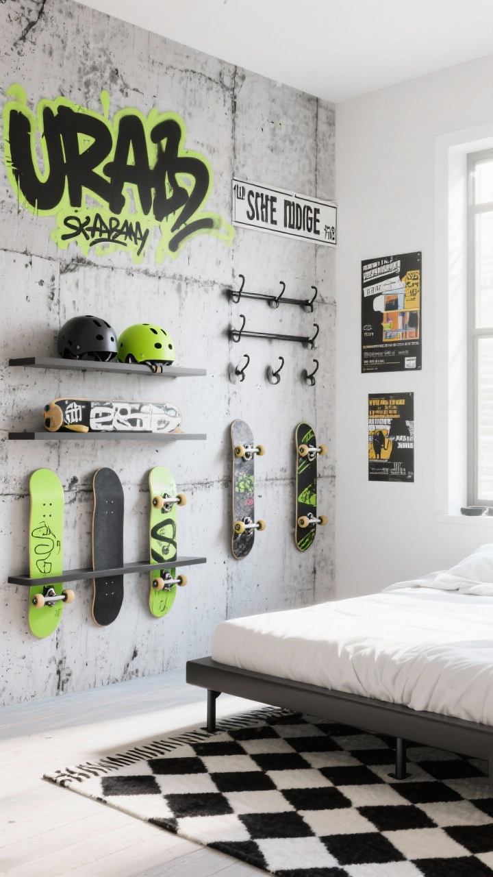 Photorealistic medium angle of an Urban Skate Park Edge display wall: concrete-look removable wallpaper feature wall contrasted with bright white adjacent walls; platform bed with black metal legs, bold black-and-white checkerboard rug; open shelving showcasing skateboards and helmets like art; street-sign wall art, graffiti-style name decal, poster rails for easy rotation; wall-mounted hooks with rubber guards for boards; punchy accents in black, white, and neon green; crisp daylight.