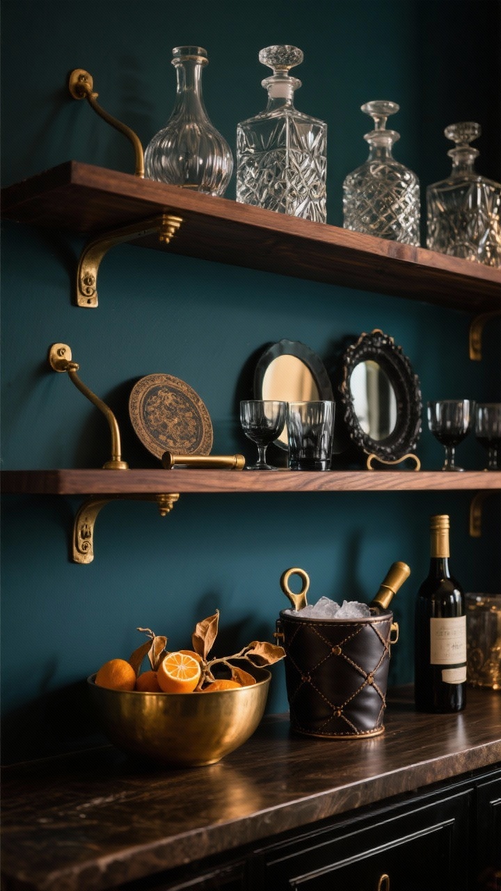 Photorealistic medium bar shelves, moody: dark stained oak shelves with antique brass brackets against ink blue (or deep olive) painted wall. Styled with cut-glass decanters, smoked glass tumblers, aged mirror coasters, black-and-brass bottle openers, a leather-wrapped ice bucket, and a brass bowl holding a bundle of dried citrus. Sultry sparkle under warm, low bar lighting.