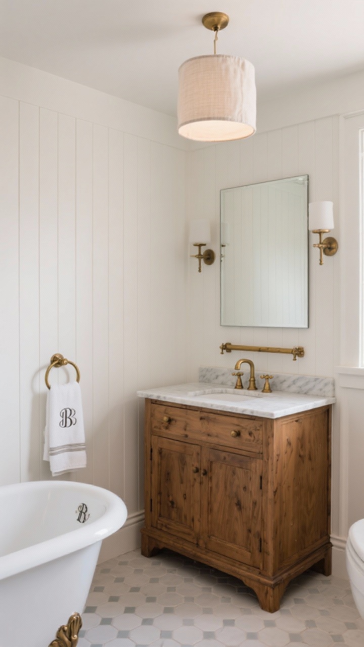 Photorealistic medium bathroom: linen drum pendant casting a soft pool of light over a vintage oak vanity with marble top and unlacquered brass taps; crossbar sconces flanking a beveled mirror; vertical beadboard walls painted milky white; hex tile floor, clawfoot tub, monogrammed towel on a brass hook; serene spa-like warmth; straight-on vanity view.