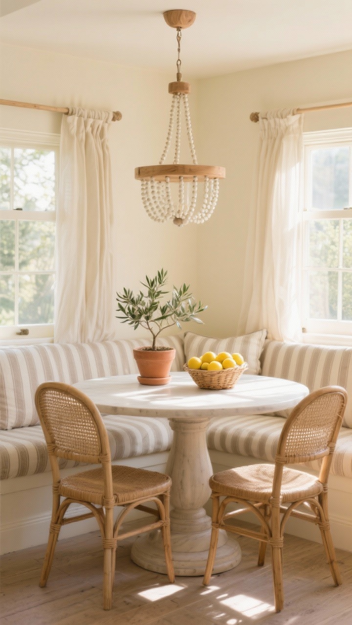 Photorealistic medium breakfast nook: round pedestal table with cane-back chairs, sunlight streaming in; beaded wood chandelier in whitewashed oak centered above; buttery cream walls, ticking stripe cushion on the banquette; linen café curtains, small olive tree in a terra-cotta pot, basket of lemons on the table; bright yet warm morning light; straight-on composition.