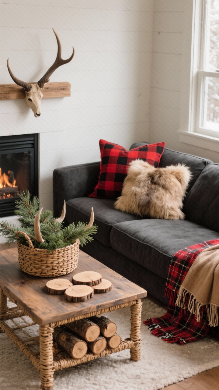 Photorealistic medium corner angle: charcoal/camel sofa layered with red-and-black buffalo-check pillows and a couple of cozy faux fur throws for fireside vibe. Coffee table shows antler or wood-slice coasters; a woven rattan basket of pine-scented greenery beside the sofa. A flannel tree skirt repurposed as a throw blanket draped casually. Palette: red, black, camel, wood tones. Textures: flannel, faux fur, woven rattan. Mini log bundle tucked under the coffee table.