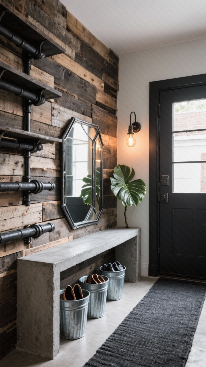 Photorealistic medium corner angle of an industrial rustic entry: black pipe shelving with reclaimed wood planks forming a dramatic storage wall; narrow concrete-topped console beneath a steel-framed mirror; charcoal runner on the floor; galvanized bins for shoes; Edison-bulb sconce casting warm industrial glow; single fiddle-leaf fig softening the scene.