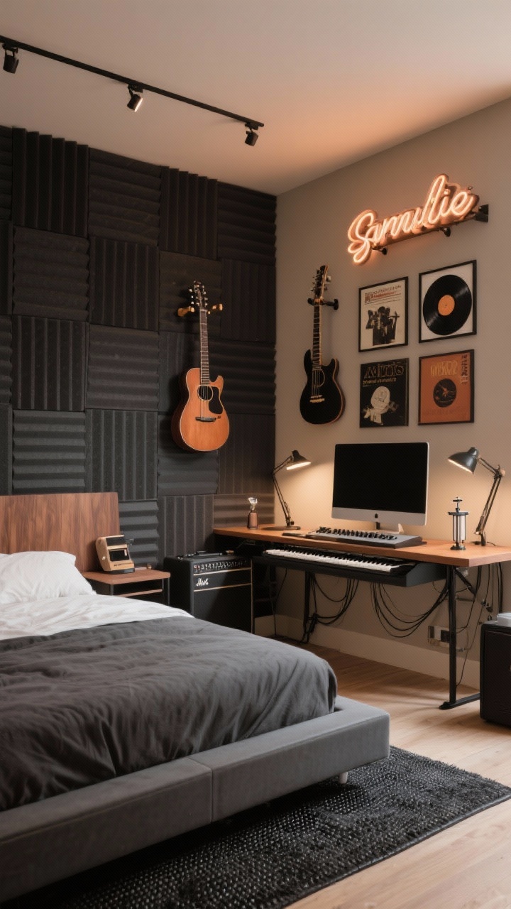 Photorealistic medium corner shot of a Music Studio Jam Room: charcoal acoustic panels as a feature behind bed/desk, warm neutral walls; platform bed with rubber-backed rug to reduce vibration; guitars wall-mounted on instrument hooks, small amp corner with tidy cable management; compact desk with MIDI keyboard tray and monitor stands; framed vinyl covers, marquee letter, metronome as decor; palette of charcoal, walnut, black, rust; soft ambient lighting with task lights.