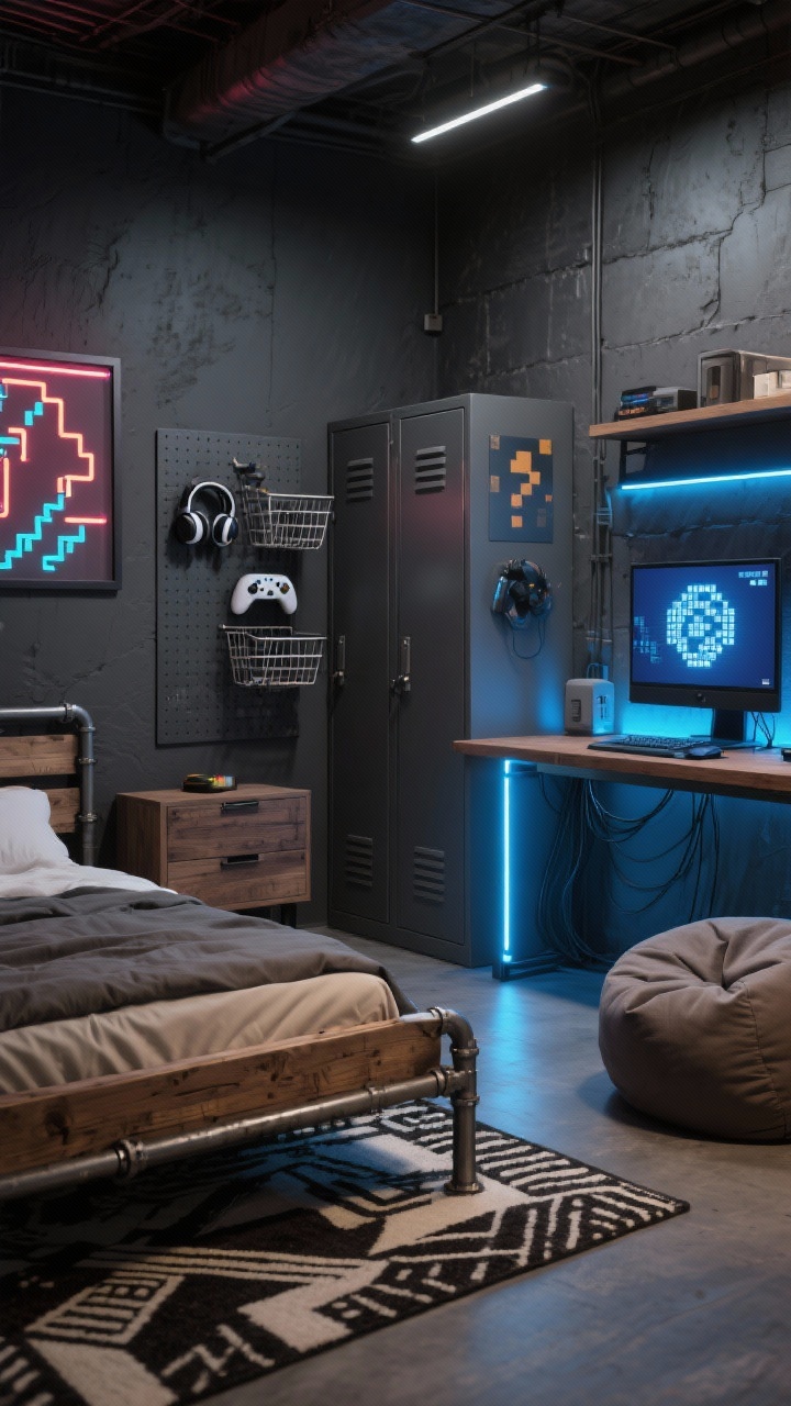 Photorealistic medium corner view of an Industrial Loft Gamer Zone: charcoal walls (one as an accent), reclaimed wood bed with metal pipe frame, graphic area rug, floating desk with clean cable management, LED strip lighting glowing electric blue behind the monitor; locker-style cabinet, wire baskets, pegboard with headphones and controllers; neon sign and framed pixel art on the wall, large beanbag on the floor; palette of charcoal, steel gray, espresso wood, and electric blue; moody evening lighting with screen glow.