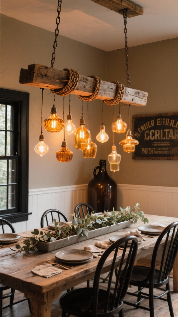Photorealistic medium dining scene: a reclaimed wood ladder suspended by chain above a trestle table, woven with a cluster of amber glass pendants at varying heights; warm greige walls with white wainscoting, black-framed windows; simple tablescape of stoneware plates, linen napkins, long trough of eucalyptus; matte ebony Windsor chairs, vintage sign and oversized demijohn bottles in background; warm, dimmed amber lighting; side angle.