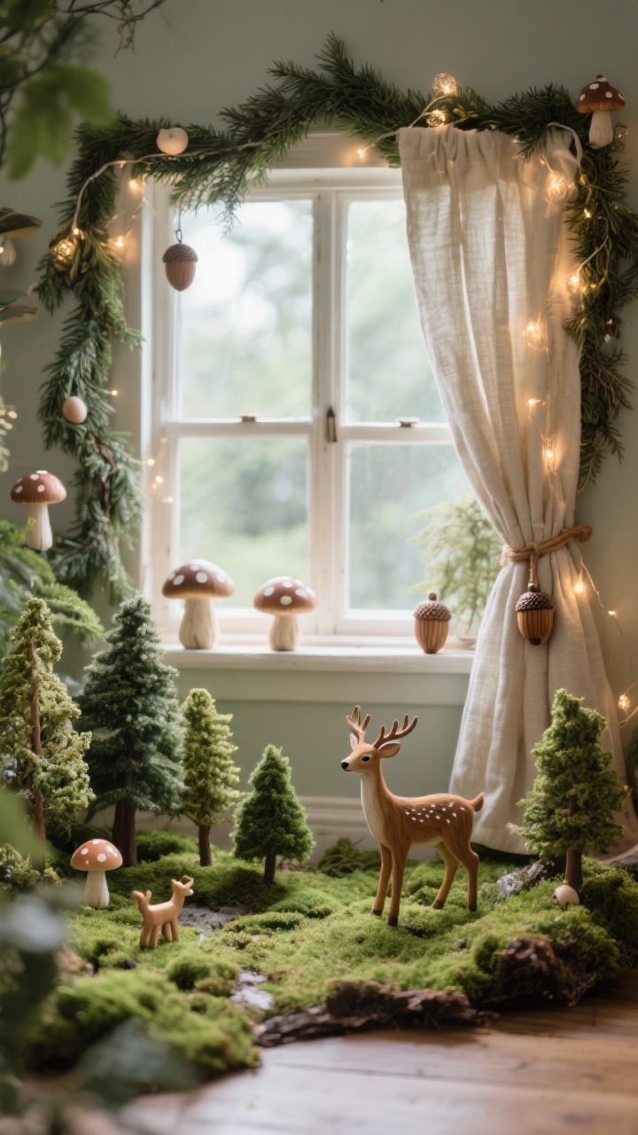 Photorealistic medium diorama-style shot of Woodland Creatures Storybook: sill layered with faux moss, mini trees, and tiny wooden deer creating a miniature forest scene; cedar garlands framing the window with a few mushroom ornaments; soft fairy lights twinkling; linen curtain tie-back featuring a small wooden acorn charm; whimsical, storybook mood, soft natural light.
