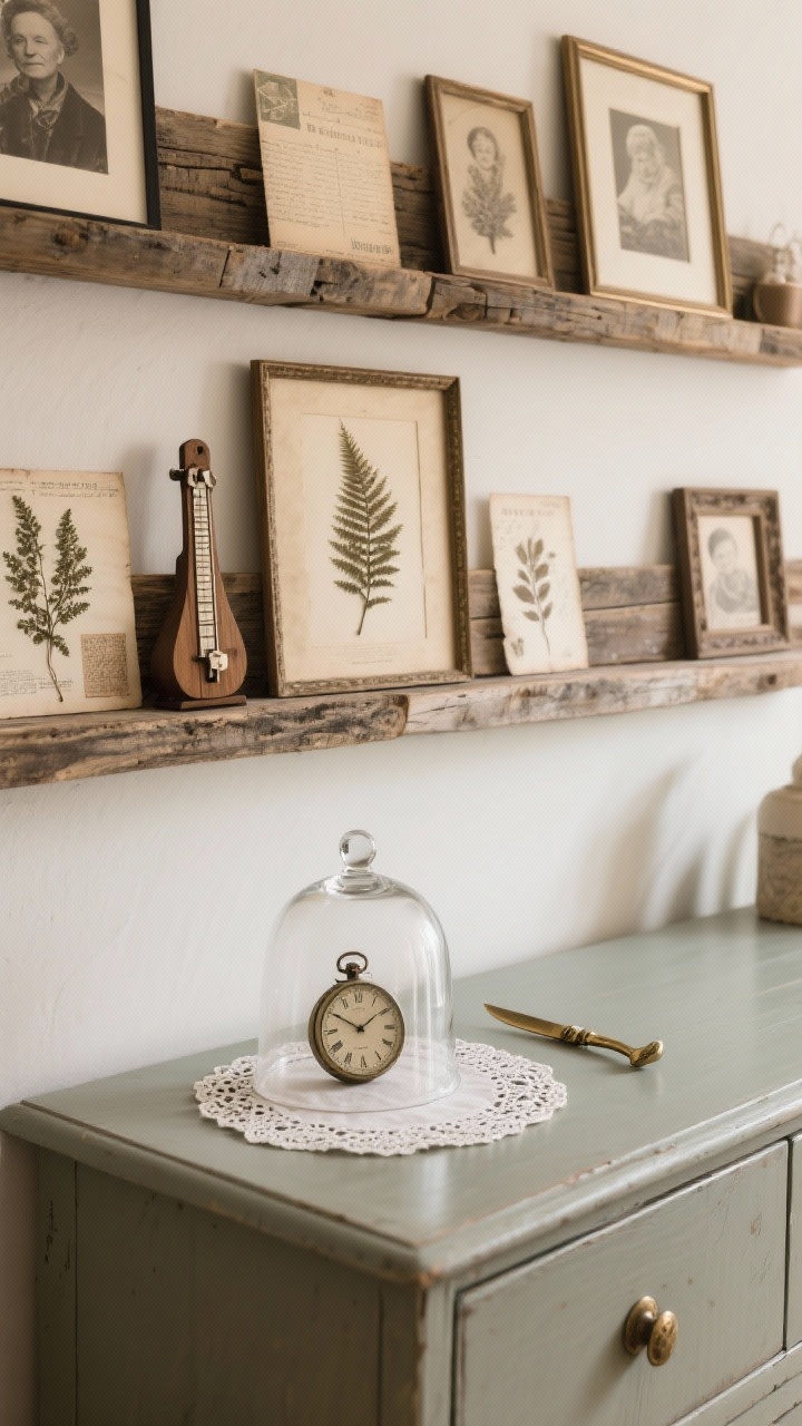 Photorealistic medium gallery ledges, straight-on: layered reclaimed wood picture ledges forming an heirloom story wall above a sideboard. Leaned items: sepia photographs, faded postcards, pressed fern frames. Mixed treasures: a wooden metronome, grandma’s lace doily under a small glass cloche encasing a pocket watch, and a brass letter opener. Collected, personal, timeless; gentle ambient light.