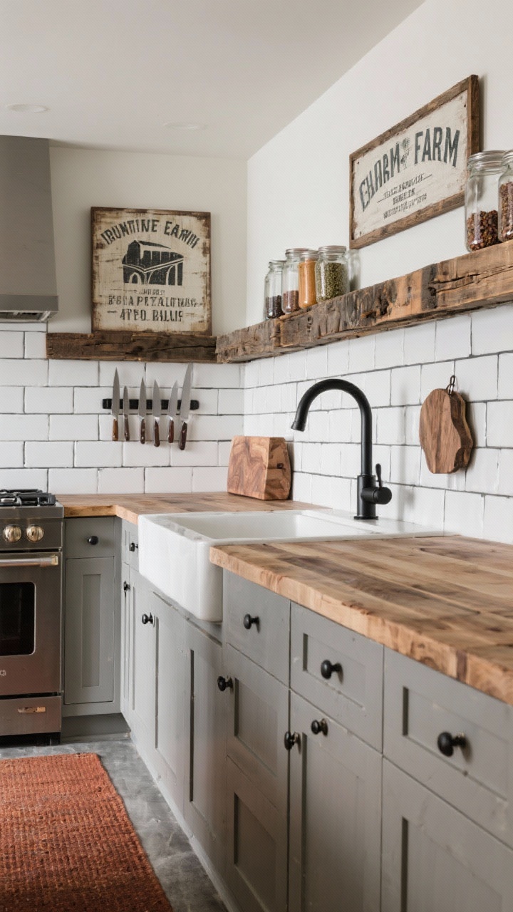 Photorealistic medium galley perspective: warm gray Shaker base cabinets topped with butcher block; reclaimed barnwood ledge running along one wall holding spices, framed vintage farm sign, and jars; white square tile backsplash with charcoal grout; matte black pot filler over the range; magnetic knife strip mounted on the barnwood; slim runner in rust tones; narrow, rustic, functional vibe.
