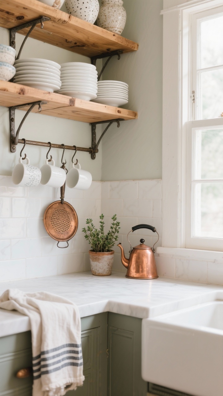 Photorealistic medium kitchen scene at a corner angle: open pine shelves with visible wood grain and simple iron brackets over a cottage backsplash. Styled with stacked white plates, mugs hung on S-hooks beneath, a vintage sifter, a warm-toned copper kettle, a small potted thyme plant, and a striped linen tea towel draped neatly over the shelf edge. Mix of white stoneware, speckled pottery, and copper; bright, airy natural light.
