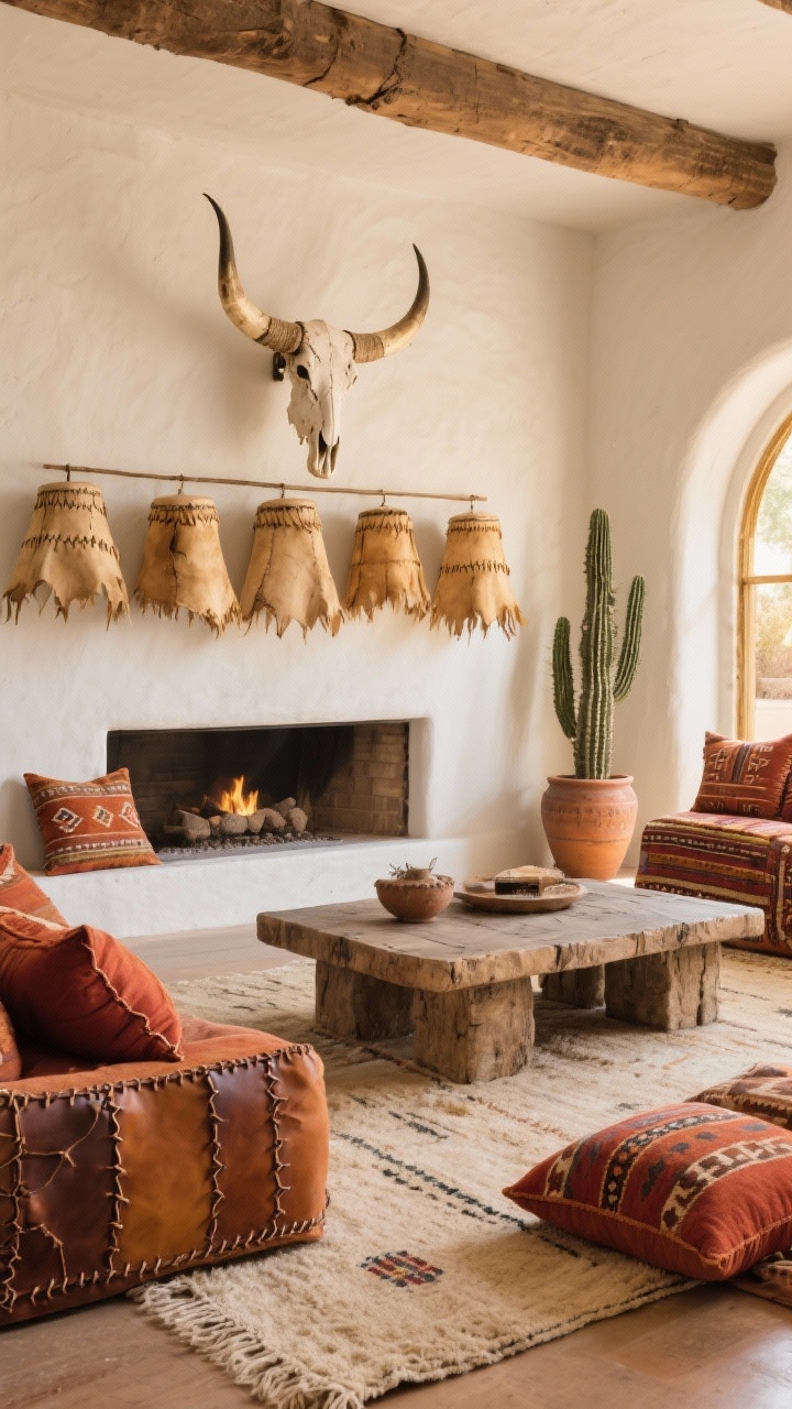 Photorealistic medium living area: Southwestern palette with whitewashed walls; row of rawhide drum shades above a low chunky coffee table, seams stitched with raw leather; textiles in rust, terracotta, and sand; kilim pillows on a flatweave rug; bleached longhorn over the fireplace, cactus in aged clay pots; golden-hour glow from the rawhide shades; straight-on view.