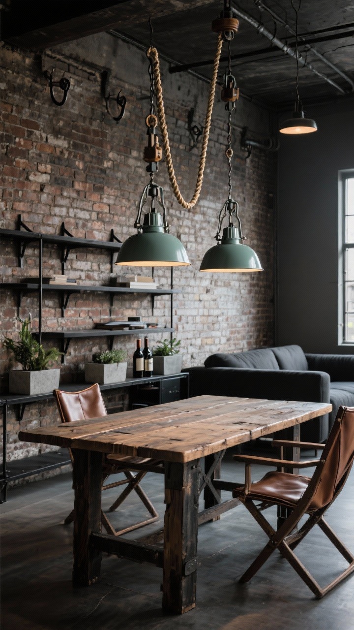 Photorealistic medium loft workspace: reclaimed workshop table beneath a pair of pulley pendants with enamel shades, braided cords looping around wall-mounted hooks; raw brick walls, black steel shelving, concrete planters; leather sling chairs and a charcoal sectional in the background; adjustable pendant height implies work-to-wine versatility; moody industrial lighting; three-quarter angle.