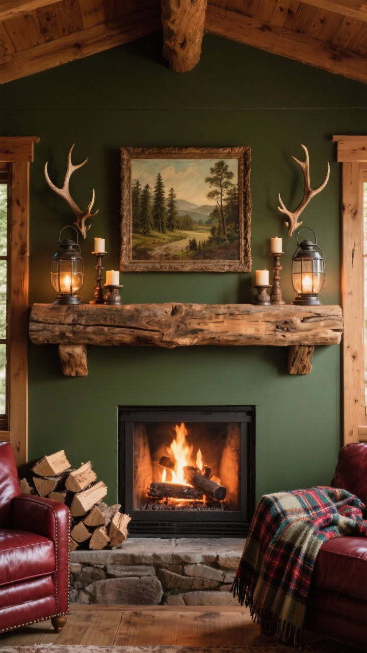 Photorealistic medium mantel shelf, straight-on: a chunky rough-hewn timber mantel in a cozy lodge setting with forest greens, oxblood leather, and warm pine tones. Centered vintage landscape oil painting, flanked by iron lanterns and antler-inspired candleholders. A few firewood pieces stacked artfully; a wool tartan scarf draped for softness. Warm fireside glow with ambient lamplight.