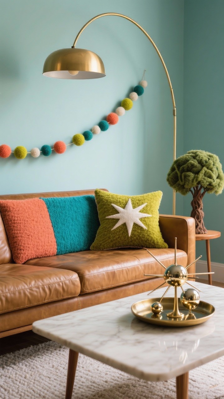 Photorealistic medium, mid-century angle: camel leather or tweed sofa with bold color-blocked pillows in teal, coral, and chartreuse. A playful felt ball garland draped over the back. Coffee table shows a starburst tray with glossy atomic-style ornaments. A brass arc lamp curves overhead, anchoring the mod vibe. Palette: teal, coral, chartreuse, brass. Textures: tweed, leather, felt, lacquer. A geometric tree pillow stands out as the focal point.