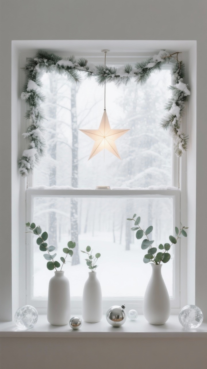 Photorealistic medium, minimalist Frosted Forest window: slim frosted pine garland with snow dusting along the frame; a single star-shaped light hanging centered, softly glowing; on the sill, three matte white vases each with sprigs of eucalyptus; a few clear glass baubles in varying sizes; palette of whites and soft greens; calm, airy lighting, straight-on composition.