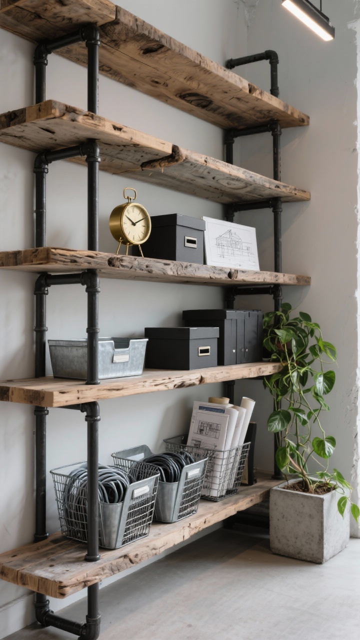 Photorealistic medium office shelving, three-quarter angle: industrial rustic setup with thick, knotty reclaimed wood planks on black pipe brackets. On and under shelves: galvanized bins for cables, wire mesh magazine files, a brass task clock, charcoal storage boxes, rolled architectural sketches, and a concrete planter with a trailing pothos. Gritty-yet-polished mood, directional task lighting with soft shadows.