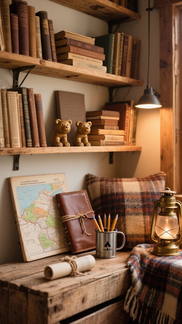 Photorealistic medium reading nook shelves, warm-toned: stacked wooden crates turned shelves packed with dog-eared paperbacks in a palette of tobacco, chestnut, and parchment. Accessories: stitched leather journals, a tin camp mug used as a pencil holder, brass bookends shaped like bears, a plaid wool throw casually placed, a tiny tin lantern, and a rolled national park map tied with twine. Cozy, lamplit ambiance.