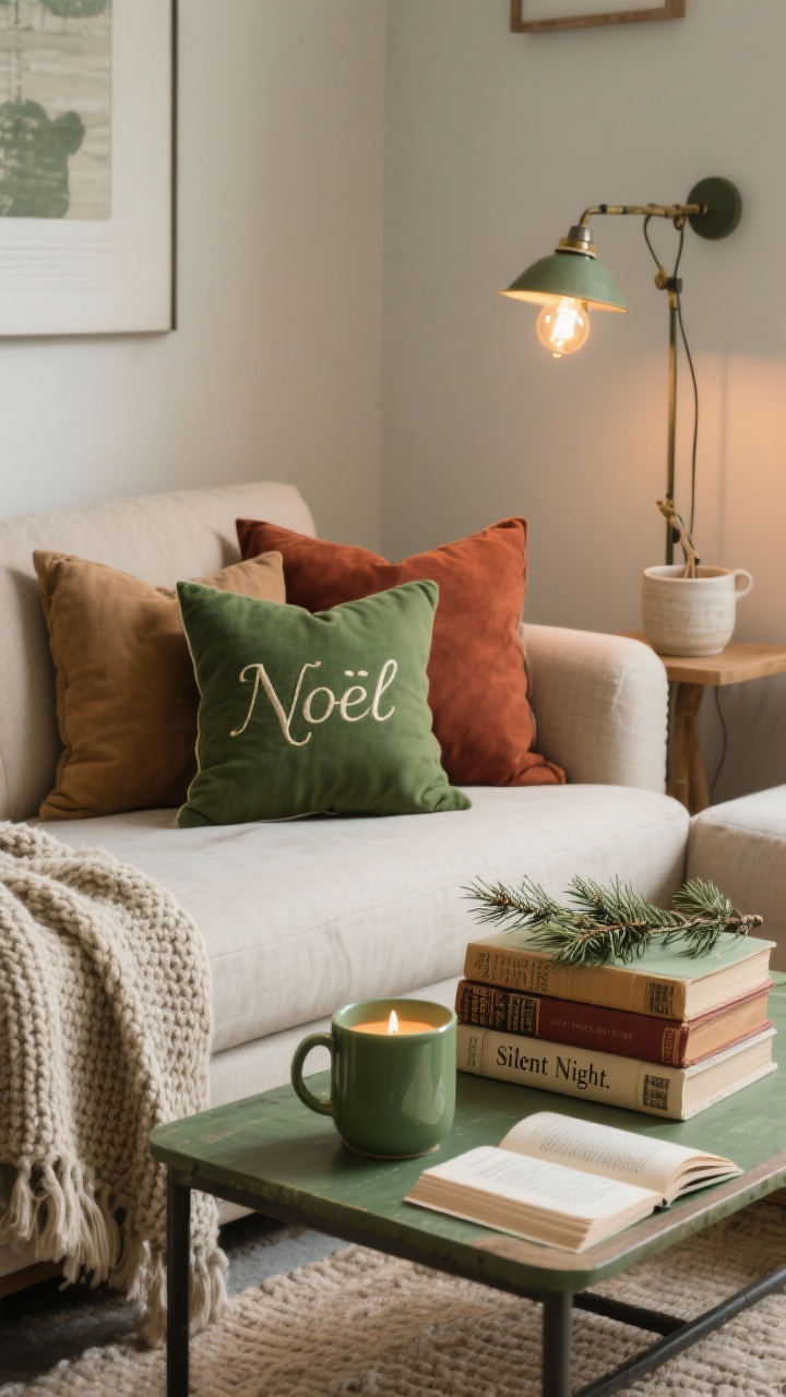Photorealistic medium reading nook shot: sofa styled with earth-tone pillows in moss green, russet, and oatmeal, plus a nubby knit throw. One pillow features embroidered script reading “Noel” or “Silent Night.” Coffee table stack of vintage hardcovers with cedar sprigs tucked between pages. A matte green ceramic mug candle emits warm light. Palette: moss, russet, oatmeal, cedar green. Textures: nubby knit, linen, paper, ceramic. Clip-on reading lamp with a warm bulb attached to a nearby shelf.