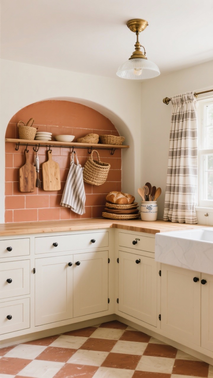 Photorealistic medium shot, cozy and practical: creamy cabinets with matte black knobs, light oak countertop; a terracotta-painted wall niche as backsplash accent; full-length Shaker peg rail loaded with cutting boards, aprons, and woven baskets; striped linen cafe curtain at the window; antique brass flush mount with opal glass overhead; checkerboard peel-and-stick floor in clay and cream; stacked bread boards and a ceramic utensil crock finish the scene.