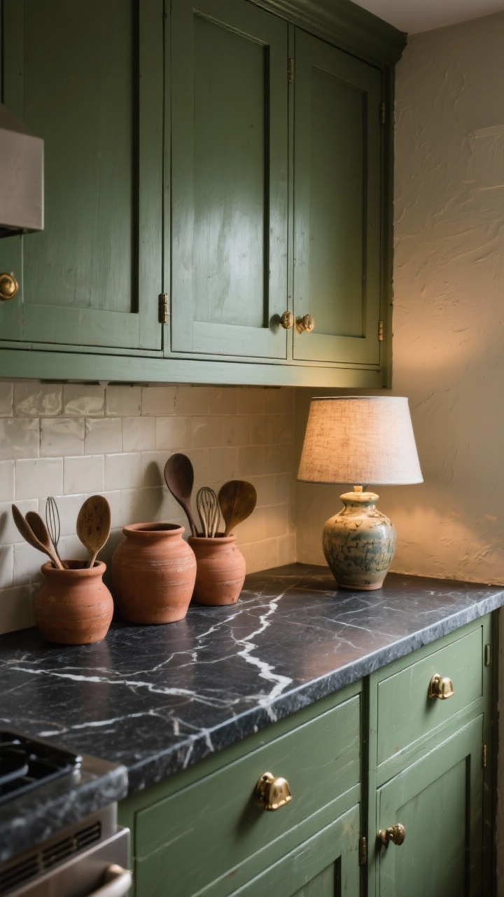 Photorealistic medium shot: dark soapstone (or soapstone-look) countertop with faint white veining against olive green shaker cabinets; unlacquered brass hardware developing patina; cream plaster-look backsplash; a single ceramic lamp glowing on the counter; terra-cotta utensil crocks grouped for earthy texture; moody yet inviting lighting.