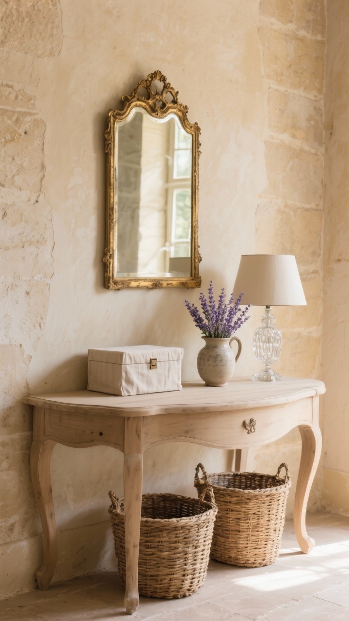 Photorealistic medium shot, elegant French country rustic: walls in warm limestone beige; curved-leg console in pale oak; slightly tarnished gilded mirror above; linen-covered boxes, a ceramic pitcher filled with lavender, and a petite crystal lamp on the console; two wicker baskets nestled underneath; refined, restrained, sunlit ambiance.