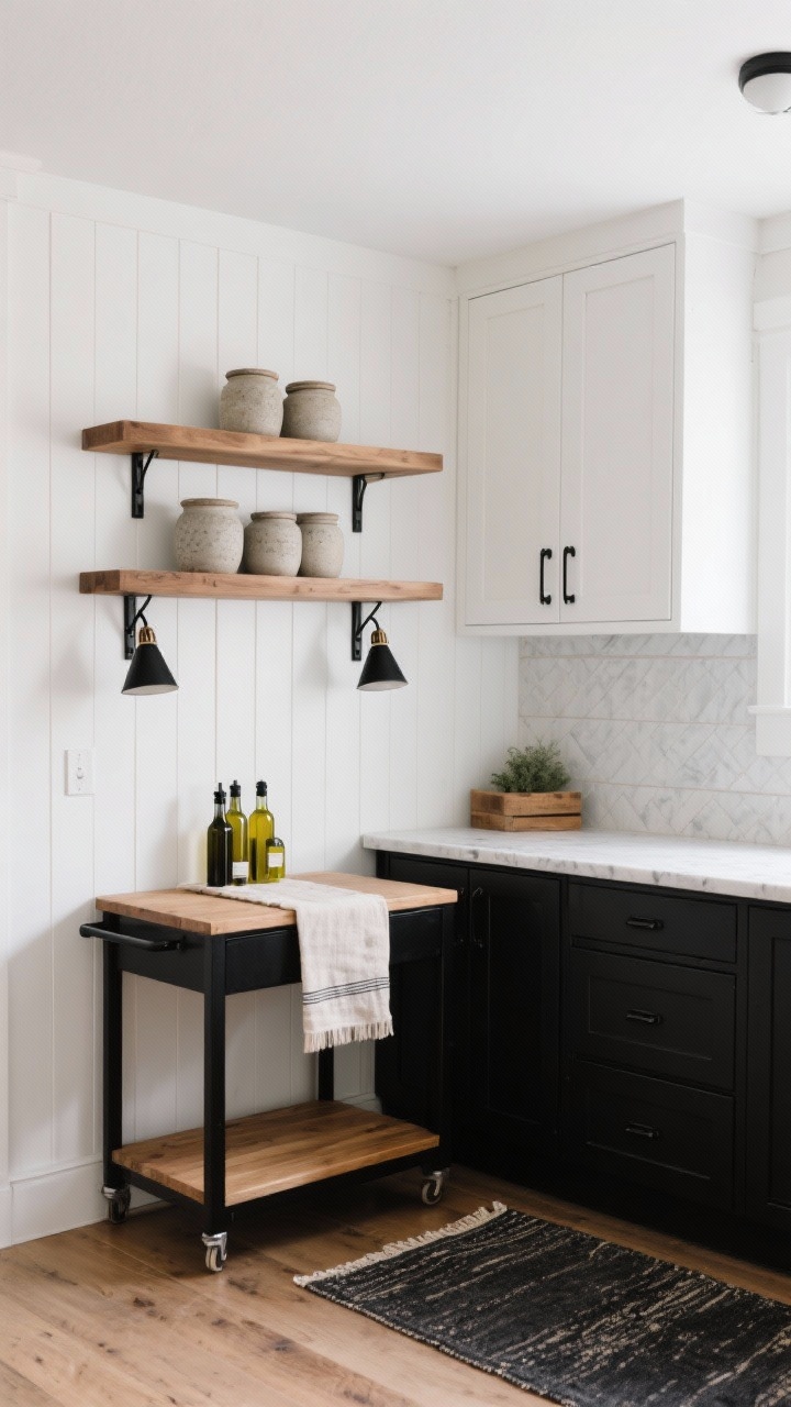 Photorealistic medium shot from a corner angle: matte black lower cabinets, crisp white upper cabinets, natural oak open shelves styled with stoneware canisters, olive oil bottles, and a linen runner; matte white quartz counters; vertical shiplap backsplash painted warm white; black metal hardware; a compact oak-and-black island cart centered; twin black cone sconces over the shelves; low-profile charcoal vintage runner on the floor; high-contrast modern farmhouse vibe.