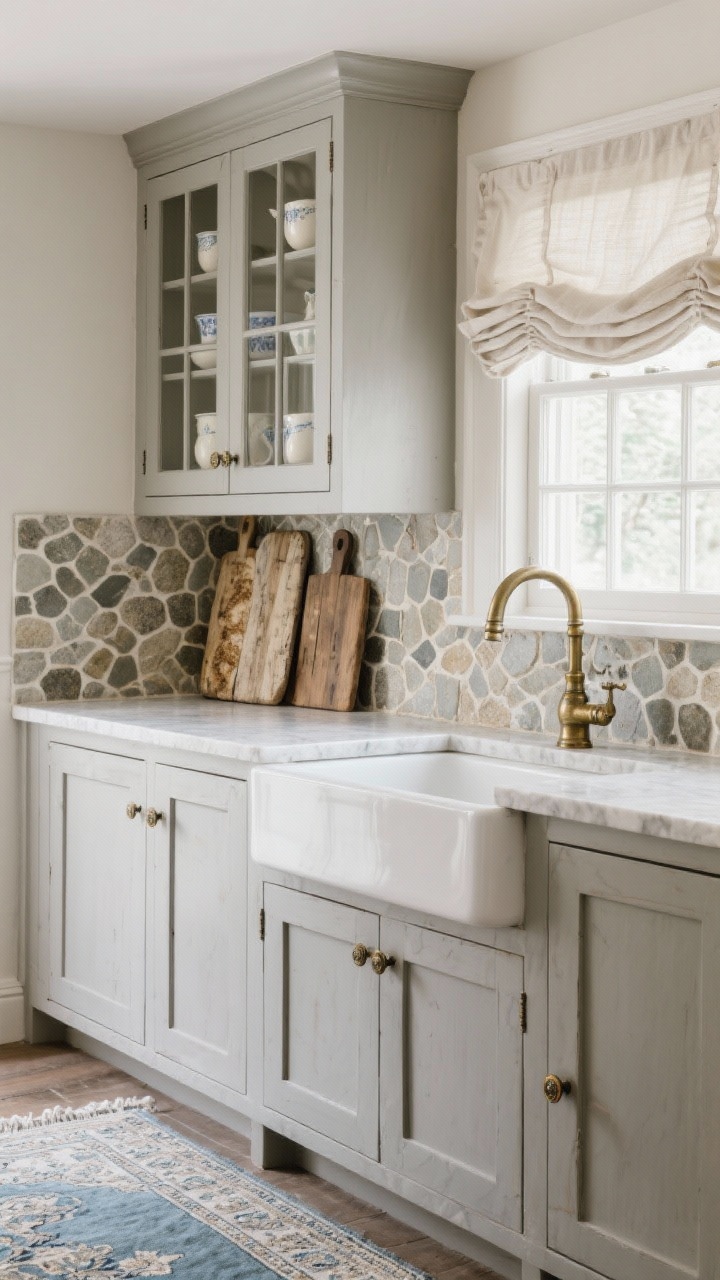 Photorealistic medium shot: greige cabinets with one upper cabinet featuring fluted glass doors displaying creamware; limestone-look quartz countertop; tumbled stone mosaic backsplash; wall-mounted bridge faucet over a petite apron sink; linen roman shades at the window; antique brass knobs and latches; distressed wood bread boards leaned gallery-style against the backsplash; faded Persian-style runner in dusty blues; gentle, provincial elegance.