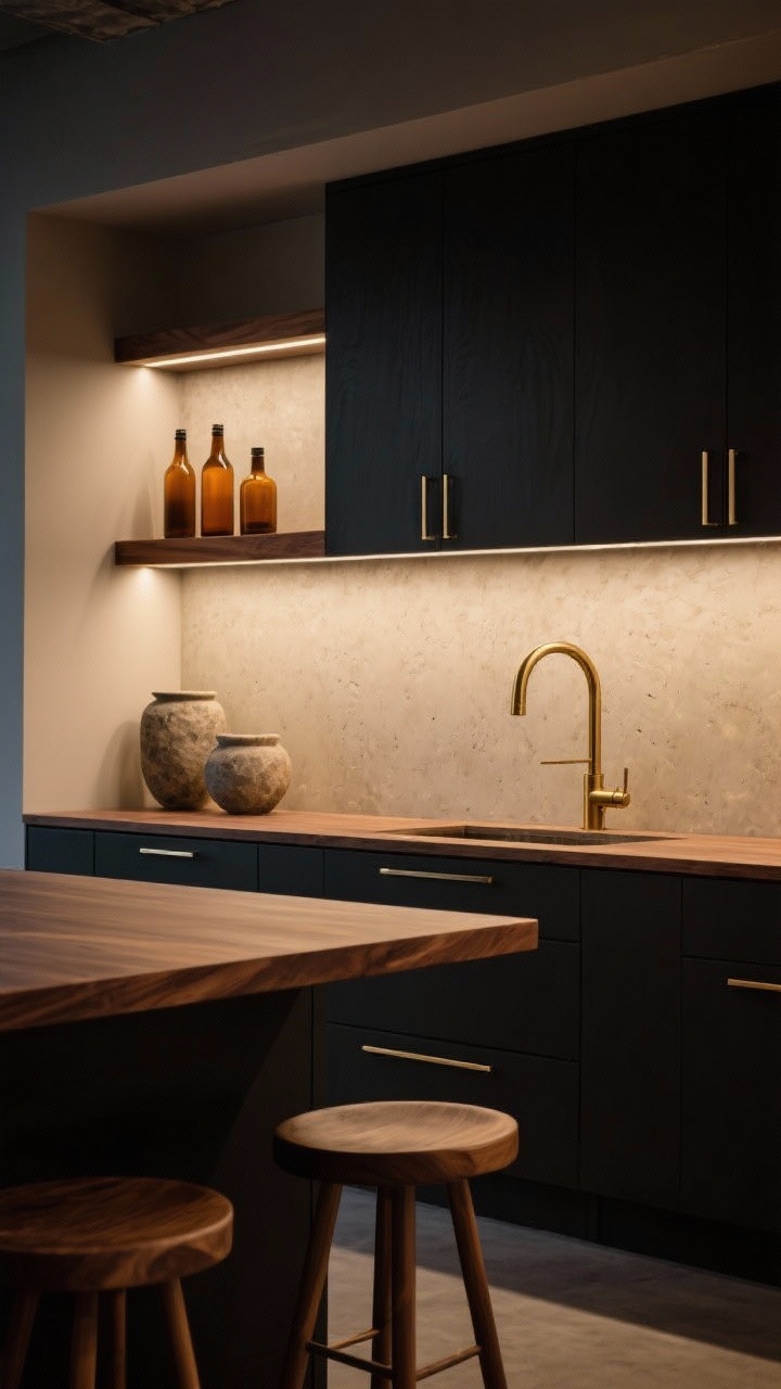 Photorealistic medium shot, moody ambiance: charcoal cabinets with brushed brass bridge faucet over a creamy micro-cement backsplash; warm walnut countertop; slim brass picture lights illuminating a walnut shelf with amber glass bottles and stone crocks; compact backless walnut stools tucked under an overhang; soft, warm brass highlights against deep tones; evening light with subtle shadows.