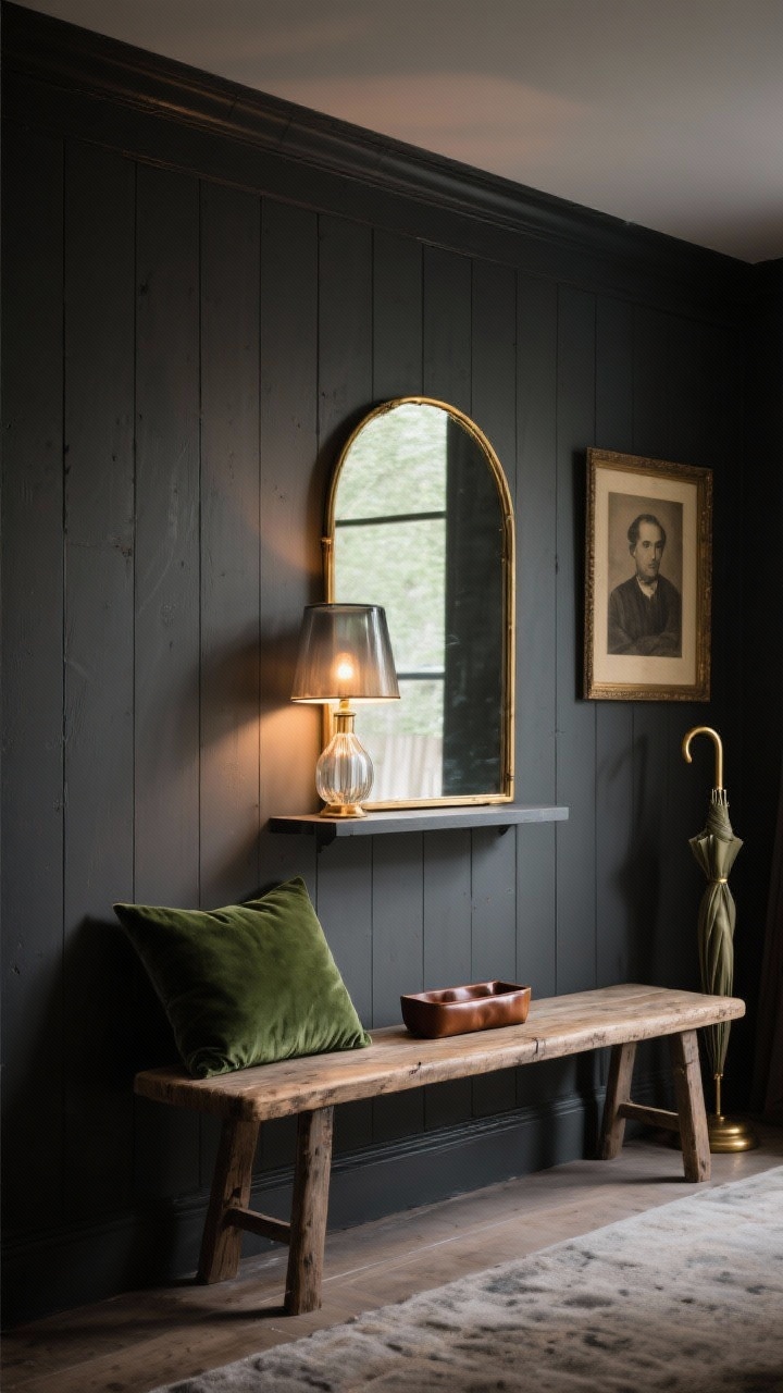 Photorealistic medium shot, moody lighting: charcoal shiplap wall as backdrop, low rustic trestle bench in front; brass arched mirror reflecting warm ambient light; smoky glass lamp glowing on a small side ledge; deep green velvet cushion on the bench; vintage portrait and brass umbrella stand nearby; narrow leather catchall on the bench; dramatic, grown-up rustic vibe.