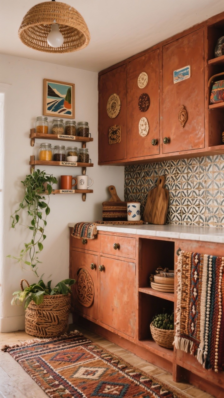 Photorealistic medium shot of a Boho Eclectic Pantry Wall: warm clay/rust-painted cabinets with mismatched vintage knobs; patterned cement-look backsplash tiles; a wall-mounted spice rack with labeled jars; open shelves with trailing plant; kilim runner on the floor; materials include woven textiles, terracotta, carved wood; beaded or rattan flush-mount light; artwork and travel mugs layered for personality; cozy, creative vibe; oblique angle emphasizing pattern-on-pattern.
