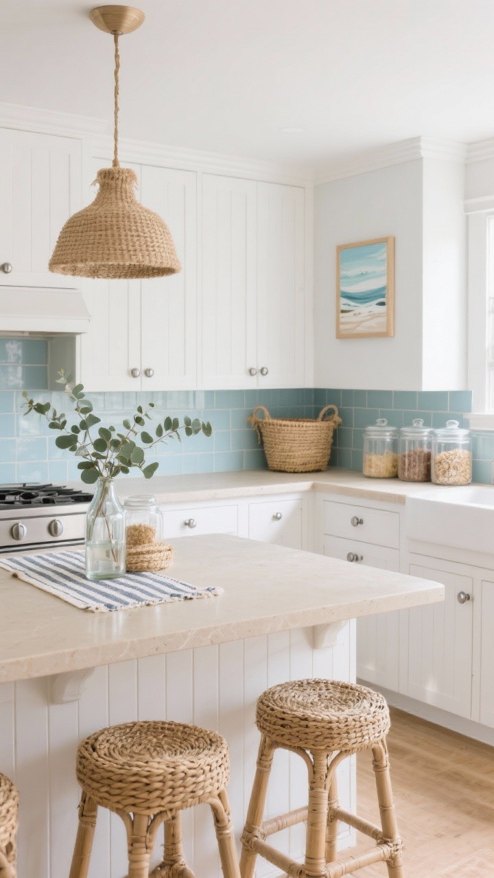Photorealistic medium shot of a Coastal Cottage Breeze kitchen: soft white beadboard cabinets, pale blue tile backsplash, sand-colored countertops; woven stools at the counter, seagrass baskets and clear glass canisters filled with pantry staples; brushed nickel/pewter hardware; jute pendant overhead and a striped runner; decor includes coastal art and eucalyptus in a clear bottle; light, breezy mood with natural daylight; corner perspective.