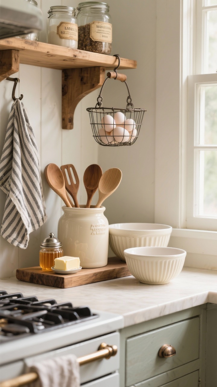 Photorealistic medium shot of a farmhouse fresh vignette: cream ceramic utensil crock with wooden spoons, ribbed mixing bowls nested nearby, wood riser topped with honey jar and butter bell; wire egg basket hanging from a hook, striped ticking towels draped over an oven handle; vintage-style kitchen scale and antique-look label jars on a shelf; soft, cozy daylight with warm wood accents.