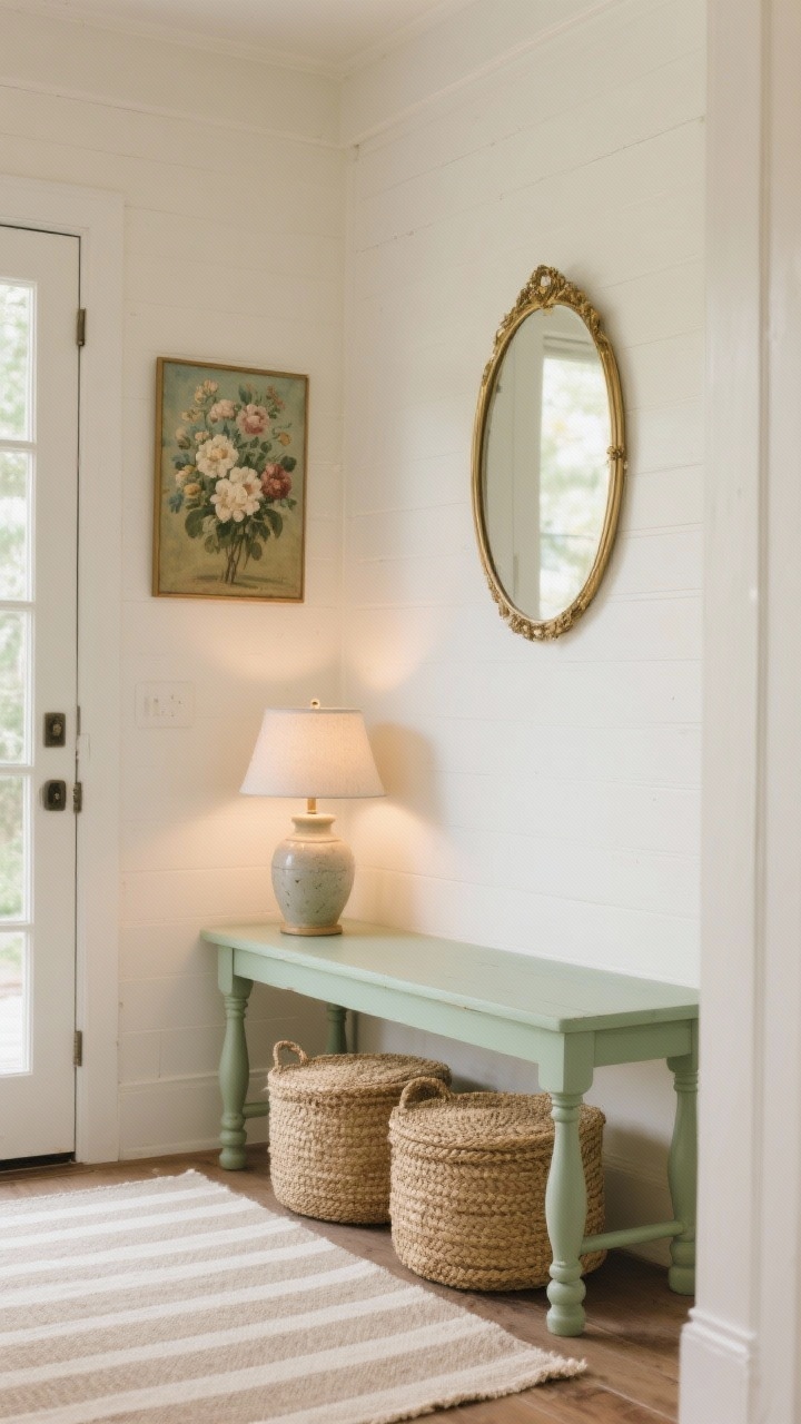 Photorealistic medium shot of a light, airy farmhouse entry: soft cream walls, a sage-painted bench with spindle legs topped with a small ceramic lamp glowing at dusk; above, a vintage floral oil painting and a simple brass-framed mirror; under the bench, two lidded seagrass baskets neatly tucked; a pale striped runner on the floor; palette of creams, sage, and natural fibers, cottage-chic mood.