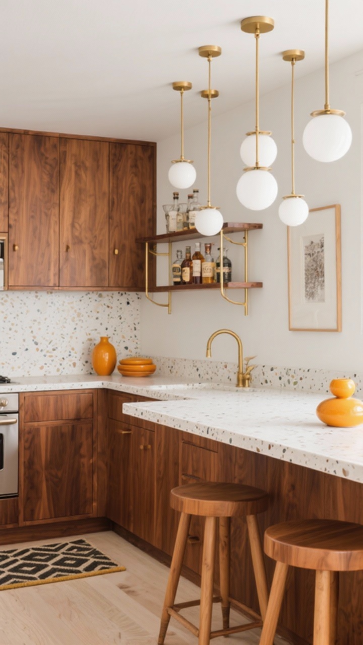 Photorealistic medium shot of a mid-century modern kitchen corner: warm walnut cabinets, white terrazzo countertop with subtle aggregate, brass accents. A playful cluster of small opal globe pendants at staggered heights hangs above the counter. Slim brass picture lights illuminate a narrow floating shelf with vintage barware. Add a geometric runner on the floor, citrus-colored ceramics, and stools with tapered legs. Retro yet fresh.