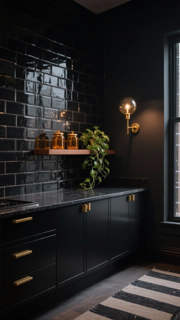 Photorealistic medium shot of a moody apartment kitchen corner: glossy charcoal subway tiles stacked in a tight grid reflecting light like a dark mirror, matte black lower cabinets, black quartz countertop, warm brass globe sconces casting soft highlights, brass hardware, a narrow walnut floating shelf with three amber glass canisters and a trailing pothos plant, a neutral runner with charcoal stripes partially visible on the floor; dramatic evening lighting, straight-on angle.