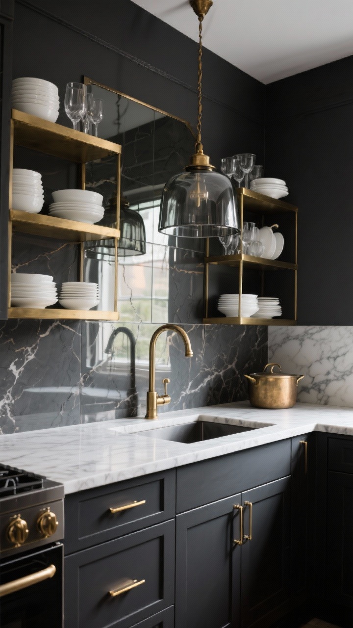 Photorealistic medium shot of a Moody Charcoal Glam kitchen: charcoal/graphite lower cabinets with brass pulls, uppers replaced by open brass shelves stocked with white dishes and glassware; marble-look quartz countertops with subtle veining; smoky mirrored backsplash reflecting light; smoked glass pendant and a vintage-style brass pot filler; palette of charcoal, brass, creamy white, smoked glass; moody, dramatic lighting with reflective surfaces emphasized; angled corner perspective.