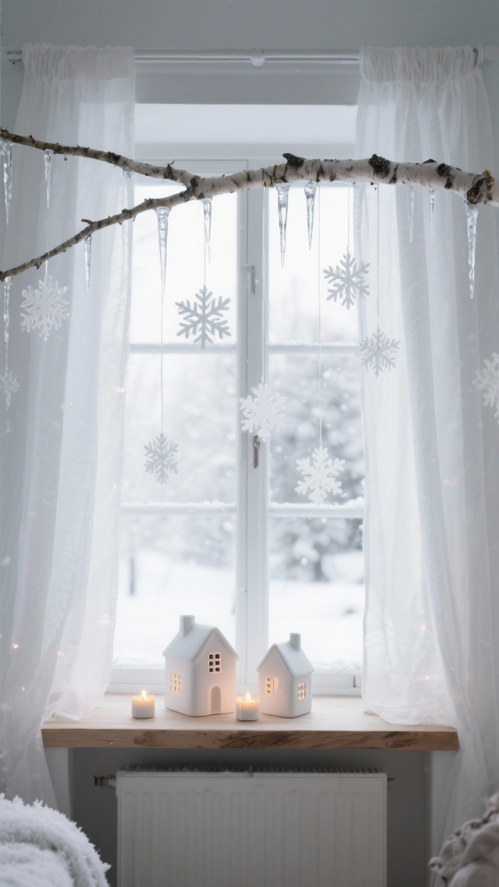 Photorealistic medium shot of a Nordic Snowfall Nook window: bright white, soft gray, and birch wood palette; sheer white linen panels; delicate white paper snowflakes dangling at varied lengths from clear fishing line; a skinny birch branch spanning the top with suspended glass icicles catching cool morning light; white ceramic house figurines on the sill lit by tiny warm LED tea lights; serene, frosty ambiance, straight-on view.