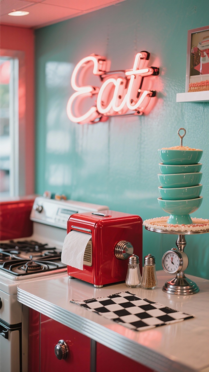 Photorealistic medium shot of a retro-diner pop counter: cherry-red metal bread box, chrome paper towel holder, black-and-white checkered runner; retro timer and matching salt-and-pepper shakers by the stove; stack of mint-green enamel bowls under a vintage cake stand; neon-style “Eat” sign glowing softly in the background; playful, high-contrast lighting with pops of red and mint.